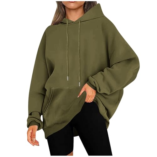 KOG Hoodie für Damen Baumwolle Sweatshirt mit Kapuze Einfarbige Kapuzenpullover Warmes Hooded Sweatshirt Pullover Elegant Langarmshirt Freizeit Frau Mode Kleidung Armeegrün XXL von KOG