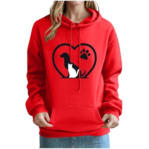 KOG Hoodie für Damen Baumwolle Sweatshirt mit Kapuze Hunde-Drucken Hoodies Casual Kapuzenpullover Frau Kleidung Vintage Pullover Mode Frauen Fashion Lose Bekleidung Oberteile Rot XXL von KOG