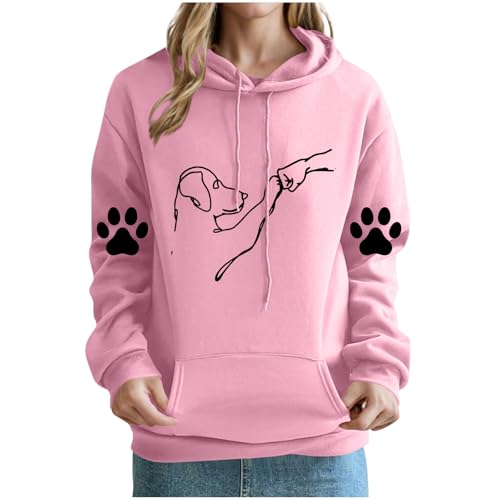 KOG Hoodie für Damen Baumwolle Sweatshirt mit Kapuze Hunde-Print Kapuzenpullover Basic Kleidung Teenager Mädchen Bekleidung Retro Langarmshirt Freizeit Frau Casual Slim Fit Oberteil Rosa XL von KOG