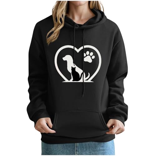 KOG Hoodie für Damen Baumwolle Sweatshirt mit Kapuze Katzen-Print Hooded Sweatshirt Warm Kleidung Frau Basic Bekleidung Casual Teenager Mädchen Elegant Langarmshirt Oberteil Schwarz S von KOG