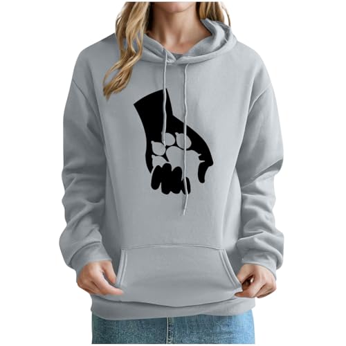 KOG Hoodie für Damen Baumwolle Sweatshirt mit Kapuze Katzen-Print Hoodies 2025 Oberteile Teenager Mädchen Kapuzenpullover Freizeit Pullover Fashion Frauen Retro Slim Fit Oberteil Grau S von KOG