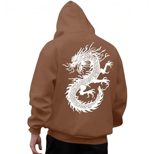 KOG Hoodie für Herren Drache Backprint Hooded Sweatshirt Mode Motiv Sweatshirt mit Kapuze Casual Pullover 2025 Oberteil Teenager Warmes Slim Fit Kapuzenjacke Baumwolle Langarmshirt Kaffee L von KOG