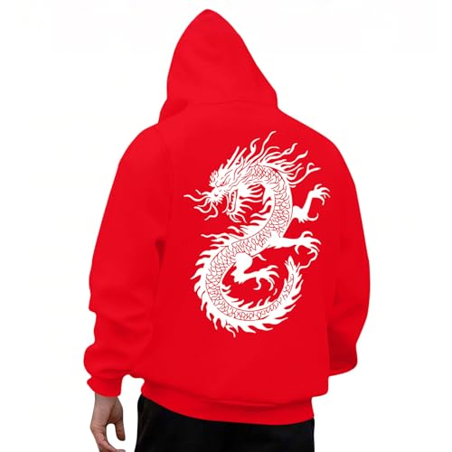 KOG Hoodie für Herren Drachen Backprint Kapuzenpullover Mode Motiv Hooded Sweatshirt Casual Hoodies Jungen Fashion Oberteil Teenager Warme Oversize Oberteile Baumwolle Kleidung Rot S von KOG