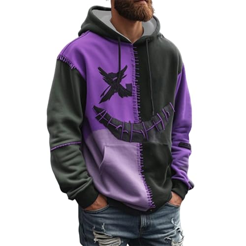 KOG Hoodie für Herren Halloween Kostüm Hoodies Grafik Sweatshirt mit Kapuze Warme Kapuzenpullover Oberteile Kleidung Herbst Männer Freizeit Oversized Langarmshirt Baumwolle Oberteil Lila 3XL von KOG