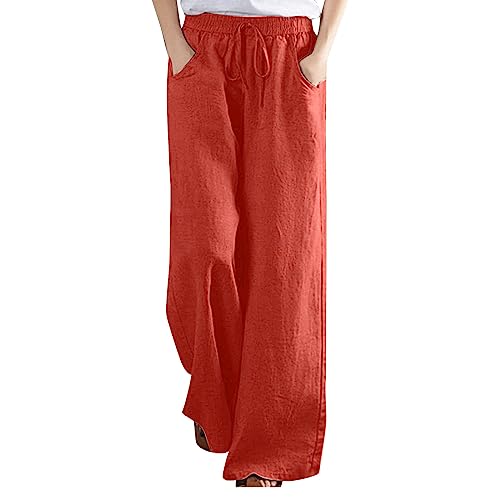 KOG Hose Damen Leinenhose Elegant Sommerhose Baumwolle Cargo Hosen Frauen Jogginghose Einfarbig Sexy Gym Hose Schwarze Arbeitshosen Kurzgrößen Schlaghosen Gutschein Rot 4XL von KOG