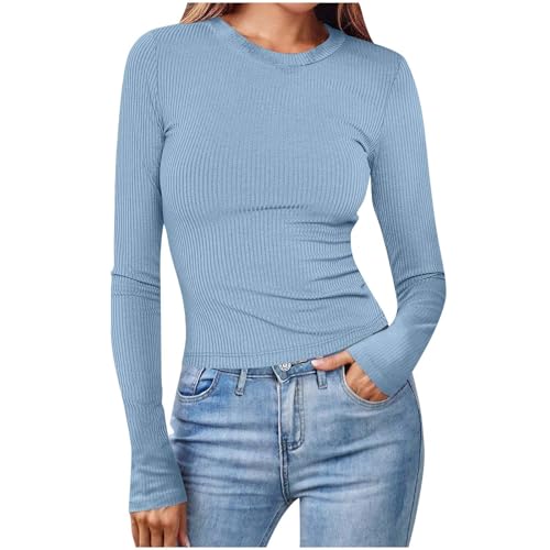 KOG Langarmshirt Damen Langärmelige Oberteil Baumwolle Einfarbige Kleidung Warm Langärmelige Oberteile Gutscheine Teenager Mädchen Bluse Retro Top Frau Mode Tshirt Amazon Gutschein Hellblau L von KOG