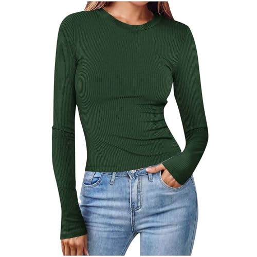 KOG Langarmshirt Damen Langärmlige Shirt Baumwolle Einfarbig Oberteil Warme Langärmlige Blusen Outlet Amazon Frau Sweatshirt Elegante Einfarbige Longbluse Mode Bluse Gutscheine Grün XXL von KOG
