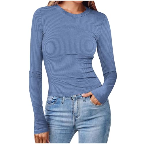 KOG Langarmshirt Damen Langarm Bekleidung Baumwolle Einfarbig Kleidung Mode Langarm Tuniken Meine Bestellungen Anzeigen Frauen Bluse Fashion Tops Basic Top Warehouse Deals Angebote Marine L von KOG