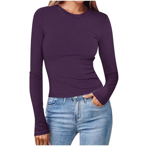 KOG Langarmshirt für Damen Langarm Kleidung Baumwolle Einfarbige Blusen Retro Langärmlige Oberteil Gutscheine Teenager Mädchen Longbluse Tunika Frau Warmes Sweatshirt Outlet Amazon Lila S von KOG