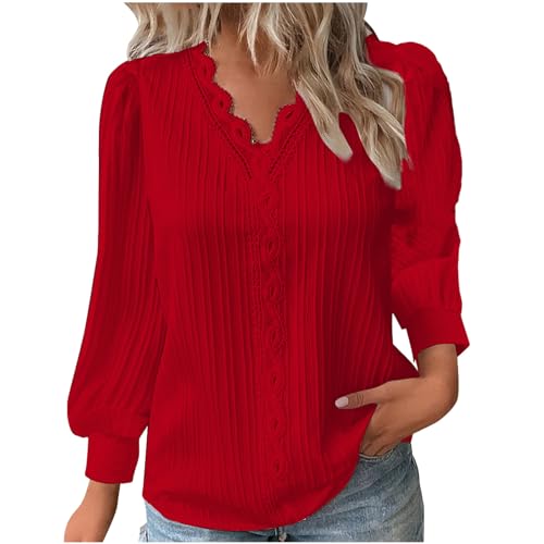 KOG Langarmshirt für Damen Langarm Shirts Einfarbige Shirt Herbst Baumwolle Tunika Frau Longbluse Basic Oberteile V-Ausschnitt Elegant Sweatshirt Outlet Angebote Rot XXL von KOG