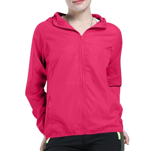 KOG Leicht Regenjacke Damen Wasserdicht Regenmantel Übergangsjacke Windbreaker mit Kapuze Fahrradjacke Regencape Dünne Fahrrad Regenjacken Wanderjacke Outdoor Jacken Angebote Knalliges Pink XXL von KOG