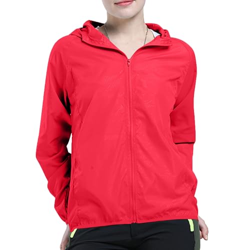 KOG Leicht Regenjacke Damen Wasserdicht Regenmantel Übergangsjacke Windbreaker mit Kapuze Fahrradjacke Regencape Dünne Fahrrad Regenjacken Wanderjacke Outdoor Jacken Prime Rot M von KOG