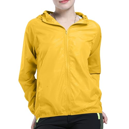 KOG Leicht Regenjacke Damen Wasserdicht Regenmantel Übergangsjacke Windbreaker mit Kapuze Fahrradjacke Regencape Dünne Fahrrad Regenjacken Wanderjacke Outdoor Jacken Sale Damen Gelb L von KOG
