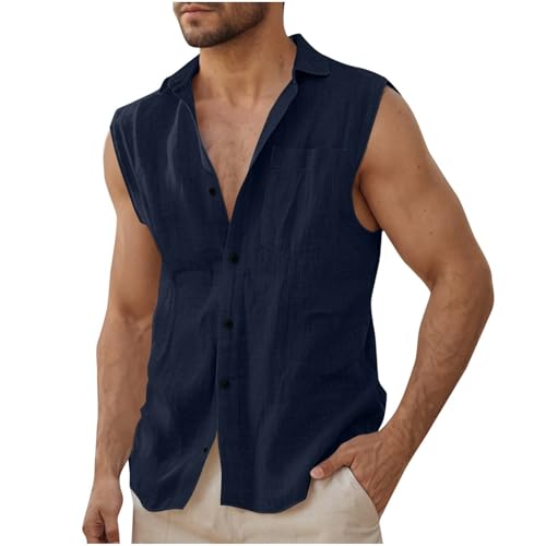 KOG Leinenhemd Herren Ärmellos Sommer Freizeithemd Männer Freizeithemden Einfarbig Sommerhemd Basic Baumwolle Freizeitshirt Prime Junge T-Shirts Fashion Tops Retro Shirts Angebote Marineblau XL von KOG