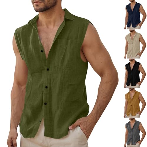 KOG Leinenhemd Herren Ärmellos Sommer Freizeithemd Männer Sporthemd Einfarbige Arbeitsshirt Basic Baumwolle Gutschein Amazon Freizeitshirt Oberteil Jungen Leicht Tshirts Gutscheine Armeegrün XXL von KOG