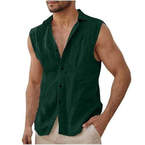 KOG Leinenhemd Herren Ärmellos Sommer Sporthemd Männer Oberteile Einfarbige Kleiderhemd Loose Fit Baumwolle Sportshirt Gutscheine Junge T-Shirt Streetwear Mode Tops Warehouse Deal Grün XXL von KOG