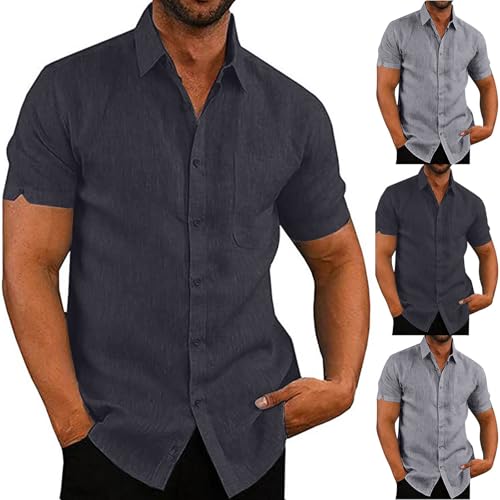 KOG Leinenhemd Herren Sommer Strand Hemd Männer Hemden Einfarbige Freizeithemd Vintage Baumwolle T-Shirts Gutscheine Kleiderhemd 2025 Sporthemd Junge Mode Wandershirt Sale Angebote Schwarz XL von KOG