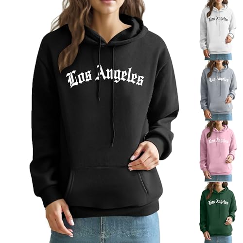 KOG Los Angeles Hoodie Damen Baumwolle Kapuzenpullover Grafik Sweatshirt mit Kapuze Mode Hooded Sweatshirt Frauen Bekleidung 2025 Kleidung Winter Frau Warm Locker Oberteile Pullover Schwarz M von KOG