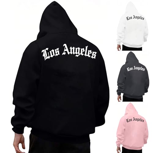KOG Los Angeles Hoodie Herren Backprint Hooded Sweatshirt Grafik Kapuzenpullover Basic Streetwear Junge Oberteile Warm Kleidung Warmes Herbst Große Größen Baumwolle Bekleidung Schwarz L von KOG
