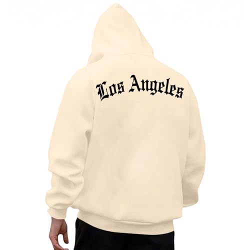 KOG Los Angeles Hoodie Herren Backprint Kapuzenpullover Grafik Hoodies Winter Oberteil Jungen Oberteile Warme 2025 Teenager Herbst Locker Sweatshirt mit Kapuze Baumwolle Kleidung Beige M von KOG