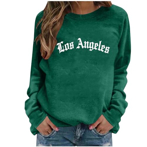 KOG Los Angeles Langarmshirt Damen Pullover Langarm Bluse Baumwolle Mode Motiv Oberteil Elegant Langärmeliges Blusenshirt Frau Tunika Fashion Pullover Casual Oberteile Sweatshirt Grün L von KOG