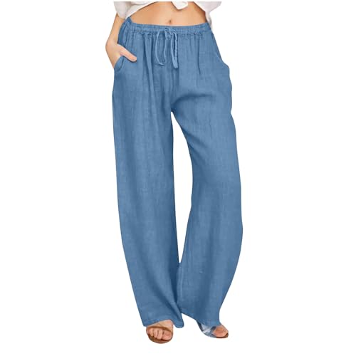 KOG Outlet Amazon Damen Hose Leinenhose Freizeit Sommerhose Leicht Baumwolle Cargohose Frauen Jogging Hose Leichte Sporthose Damen Lang Weisse Strandhose Palazzo Hose Gutschein Marine 3XL von KOG