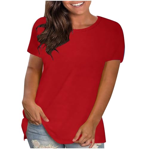 KOG Outlet Amazon Damen Shirt Retro Einfarbige Blusen & Tuniken Basic Baumwolle Tuniken Frauen T-Shirts Elegante Einfarbig Blusen Teenager Rundhals Große Größen Sale Angebote Rot 4XL von KOG