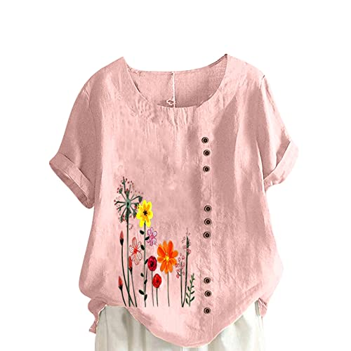 KOG Damen Shirts Elegant Leinenbluse Tuniken Sommer Kurzarm Hemd Frau T-Shirts Lose Mode Motiv Sweatshirt Frauen Eckiger Ausschnitt Vintage Tshirt Rosa L von KOG