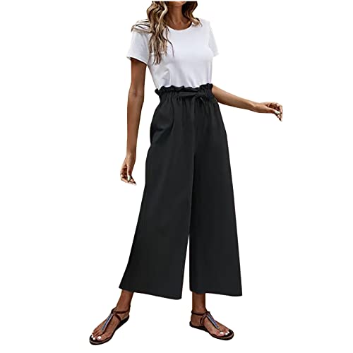 KOG Outlet Amazon Hosen Damen Leinenhose Baggy Leichte Sommerhose Baumwolle Elegante Cargohosen Frau Jogging Hose Casual Wanderhose Weiß Arbeitshosen Kurzgröße Relaxhose Prime Schwarz L von KOG