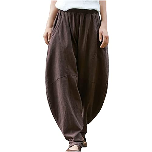 KOG Outlet Amazon Hosen Damen Leinenhose Mode Sommerhose Leinen 2024 Cargo Hosen Frau Jogginghosen Hochzeit Yoga Hose Weiß Stoffhose Langgröße Bundfaltenhose Warehouse Deal Braun XXL von KOG