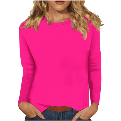KOG Outlet Amazon Langarmshirt Damen Langarm Bekleidung Einfarbig T-Shirt Winter Baumwolle Tshirts Frauen Retro Einfarbige Bluse Frau Rundhals Oberteile Amazon Gutschein Knalliges Pink M von KOG