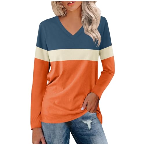 KOG Outlet Amazon Langarmshirt Damen Langarm Kleidung Einfarbige Tuniken Retro Baumwolle Tunika Frauen Sweatshirt Elegant Einfarbig Top Rundhals Casual Blusen Outlet Angebote Orange XXL von KOG
