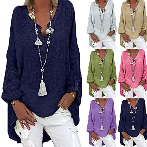 KOG Outlet Amazon Langarmshirt Damen Langarm Leinenbluse Kleidung Einfarbig Shirt Vintage Baumwolle Leinen Oberteile Tshirt Herbst Frau V-Ausschnitt Slim Fit Longshirt Gutschein Marine 5XL von KOG