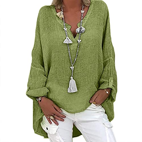 KOG Outlet Amazon Langarmshirt Damen Langarm Leinenbluse Oberteil Einfarbig Bluse Warmes Baumwolle Leinen Blusenshirt Kleidung Retro Tops Frau Rundhals Mode Tshirt Gutschein Amazon Grün M von KOG