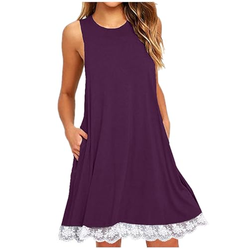 KOG Outlet Amazon Sommerkleid Sommerkleider für Damen Basic Boho Kleid Einfarbig Frau Elegante Kleid Sommer Trauzeugin Kleid Shirtkleid Baumwolle Kleid Hochzeitsgast Angebote Lila XL von KOG