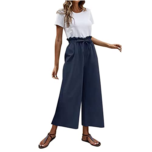 KOG Outlet Angebote Damen Hosen Leinenhose Casual Sommerhose für Damen Baumwolle Baggy Cargohosen Frau Jogginghosen Retro Trainingshose Rote Haremshose Kurzgröße Sale Angebote Marine L von KOG