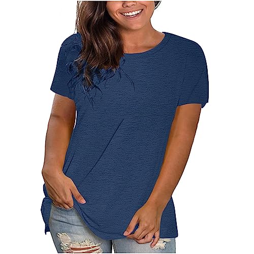 KOG Outlet Angebote Damen T-Shirts Casual Einfarbige Blusenshirt Lässig Baumwolle Tshirts Teenager Mädchen Pullover Retro Einfarbig Shirts Frau Rundhals Slim Fit Bekleidung Angebote Marine XL von KOG