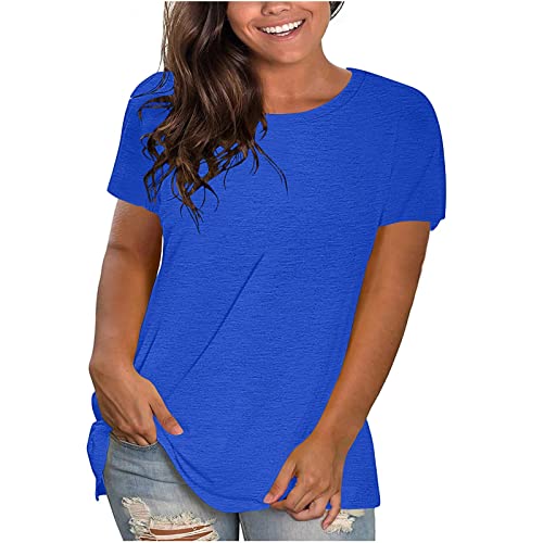 KOG Outlet Angebote Damen Tshirts Basic Einfarbig Tuniken Vintage Baumwolle T-Shirt Teenager Mädchen Tunika Elegant Einfarbige Tops Frau Rundhals Slim Fit Bekleidung Prime Blau M von KOG