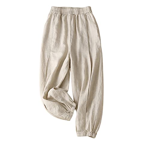 KOG Outlet Angebote Hose Damen Leinenhose Musselin Leichte Sommerhose Leinen Baggy Cargohose Frau Jogginghosen Y2k Yogahose Weisse Haremshose Kurzgröße Boho Hose Gutschein Beige XXL von KOG