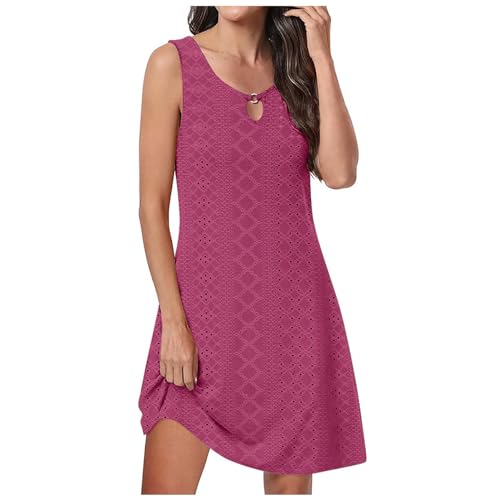 KOG Outlet Angebote Sommerkleid Sommerkleider Damen Elegant Einfarbig Frau Mode Bekleidung Tunika Kleid Weiß Freizeitkleider T-Shirt Kleid Baumwolle Brautmutterkleider Outlet Amazon Heißes Rosa M von KOG