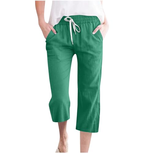 KOG Prime 3/4 Hose Damen Leinenhose Leicht Sommerhose für Damen Baumwolle Fashion Cargohosen Frauen Jogginghosen Einfarbig Lounge Strandhose Weite Lockere Hosen Amazon Basics Grün 3XL von KOG