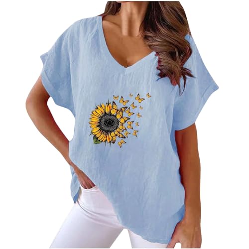 KOG Prime Damen Shirt Retro Leinenhemd Tunika Lose Kurzarm Shirts Frau Blusen & Tuniken Oversized Mode Motiv Longbluse Teenager Rundhals Basic Tuniken Warehouse Deals Angebote Blau M von KOG
