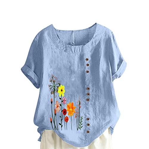 KOG Prime - Damen T-Shirt Lässig Leinenbluse Bluse Vintage Kurzarm Oberteile Teenager Tshirts Sommer Mode Motiv Tunika Frauen V-Ausschnitt Casual Longshirt Blitzangebote des Tages Hellblau XXL von KOG