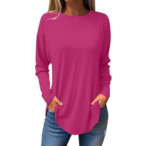 KOG Langarmshirt Damen Langarm Kleidung Einfarbig Blusen Fashion Baumwolle Tshirts Tshirt Lässig Top Teenager Mädchen V-Ausschnitt Elegant Tuniken Knalliges Pink S von KOG
