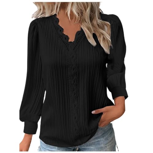 KOG Prime Langarmshirt Damen Langarm Kleidung Einfarbige Oberteile Casual Baumwolle Shirt Teenager Mädchen Bluse Winter Longbluse V-Ausschnitt Mode Sweatshirt Blitzangebote des Tages Schwarz XL von KOG