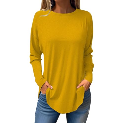 KOG Prime Langarmshirt Damen Langarm Shirt Einfarbige Tunika Elegant Baumwolle T-Shirt Frauen Tshirts Herbst Hemd Teenager Mädchen V-Ausschnitt Winter Oberteil Amazon Warehouse Deal Gelb M von KOG