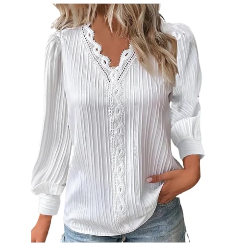 KOG Prime Langarmshirt Damen Langarm Shirt Einfarbige Tunika Lose Baumwolle Oberteile Sweatshirt Casual Einfarbig Frau V-Ausschnitt Große Größen Tops Angebote des Tages Heute Weiß M von KOG