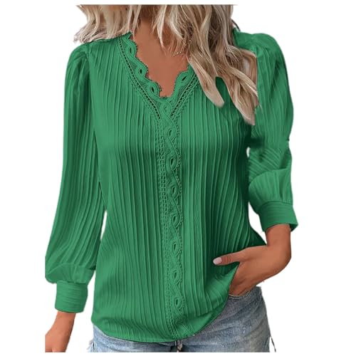 KOG Prime Langarmshirt für Damen Langarm Kleidung Einfarbig T-Shirts Elegante Baumwolle Shirt Pullover Slim Fit Sweatshirt Frau V-Ausschnitt Lässig Oberteile Warehouse Deals Angebote Grün XL von KOG