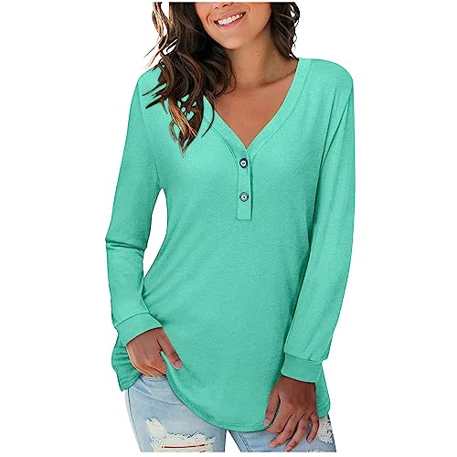 KOG Prime Langarmshirt für Damen Langarm Oberteil Einfarbig Bekleidung Basic Baumwolle T-Shirts Frauen T-Shirt Casual Tunika V-Ausschnitt Freizeit Kleidung Amazon Essentials Damen Minzgrün XL von KOG