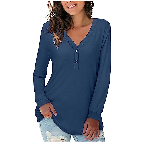 KOG Prime Langarmshirt für Damen Langarm Shirt Einfarbige Tshirts Basic Baumwolle Hemd Frauen Tunika Elegante Blusen V-Ausschnitt Sweatshirt Meine Bestellungen Anzeigen Blau XL von KOG